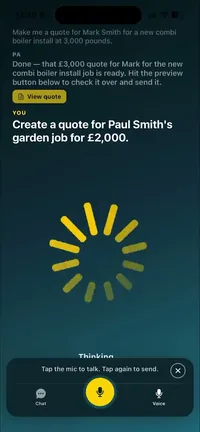 The TradePA app creating a quote from a voice note